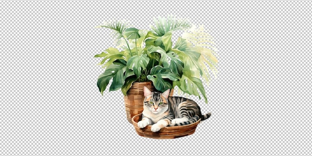 PSD aquarela de gato e decoração de plantas em vaso