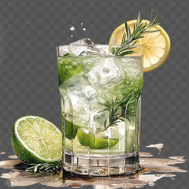 PSD aquarela de uma bebida gin destacando a arte de colagem transparente psd isolada botânica e ref