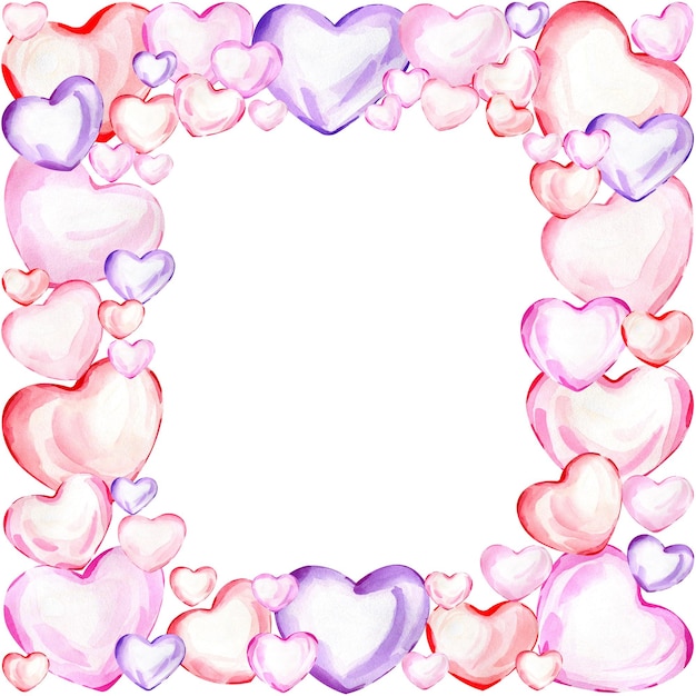 Aquarela desenhada à mão quadro de coração para o dia dos namorados coroa de coração para os namorados coração rosa vermelho violeta decoração de forma quadrada para cartão de namoro convite de casamento