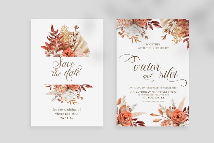 Aquarela elegante e modelo de cartão de convite de casamento floral seco