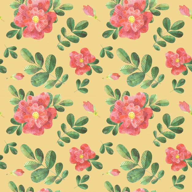 aquarela estilizada rosas de cão vermelho padrão sem costura em fundo amarelo