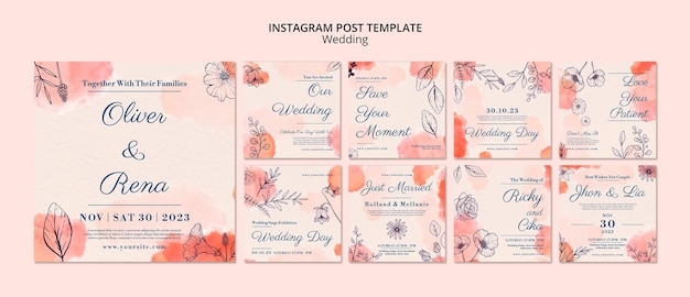 PSD aquarela floral de casamento postagens no instagram