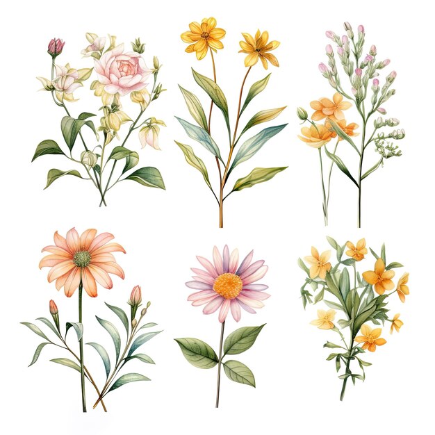 PSD aquarela flores de verano elementos florales brillantes para ilustraciones y gráficos modernos