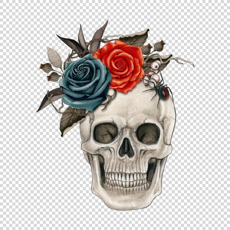 PSD aquarela de halloween decorada con cráneo con rosas y hojas secas