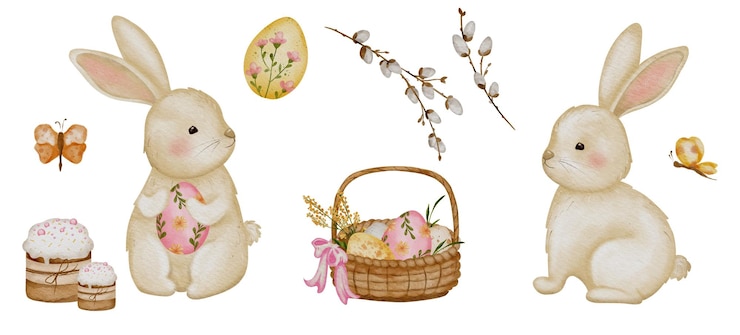 PSD aquarela hecha a mano conejitos de pascua huevos canasta y decoración floral de primavera para la temporada de vacaciones