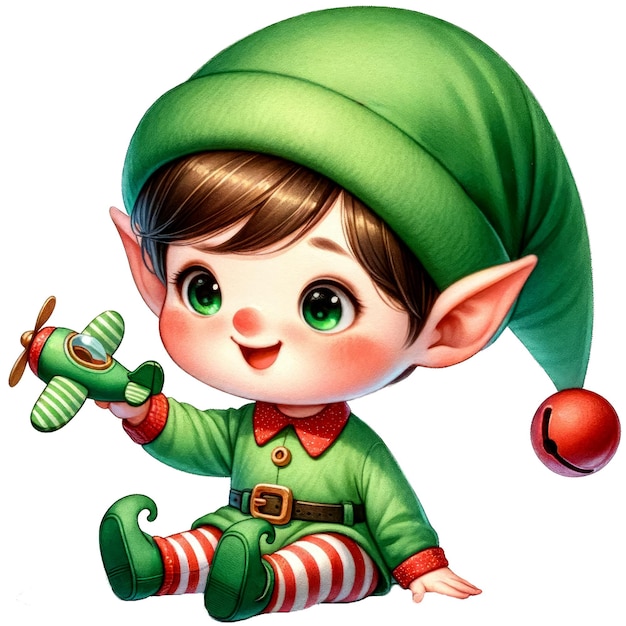 PSD aquarela un lindo niño elfo jugando a un avión de juguete