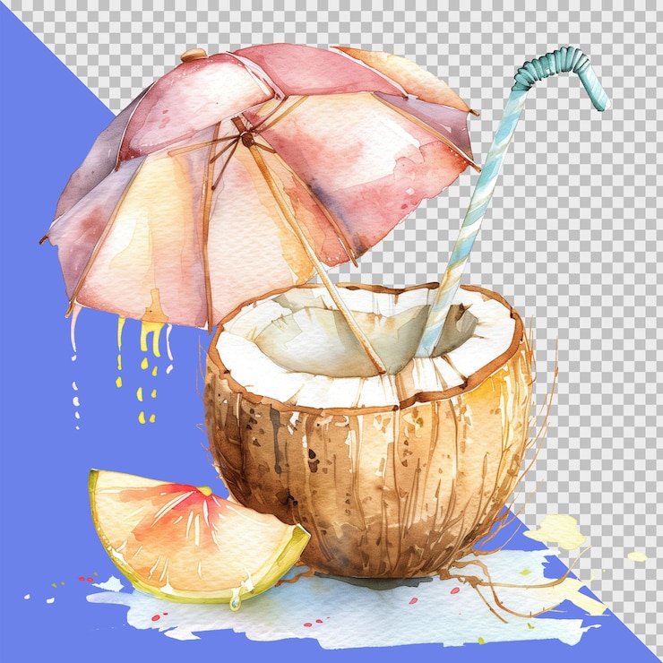 PSD aquarela pintura de coco con una paja un paraguas y una rodaja de pomelo verano png