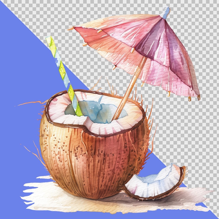 PSD aquarela pintura de coco con una paja un paraguas y una rodaja de pomelo verano png