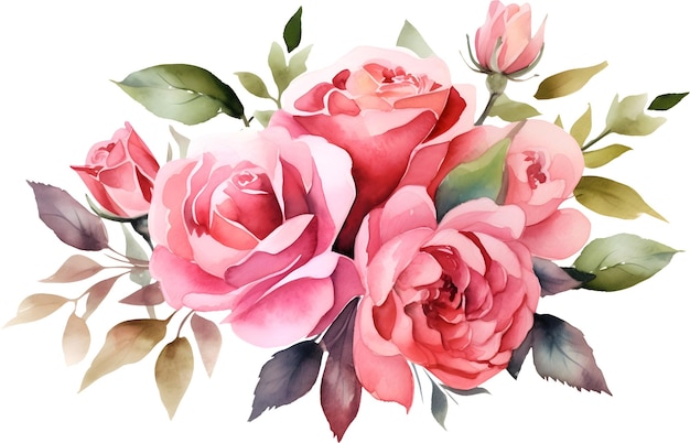 Aquarela rosa floral rosa e folhas buquê pintura clipart para convite de cartaz de casamento de amor