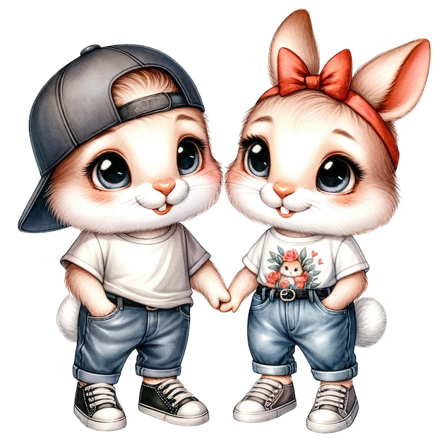 PSD aquarela um casal adorável bunny clipart