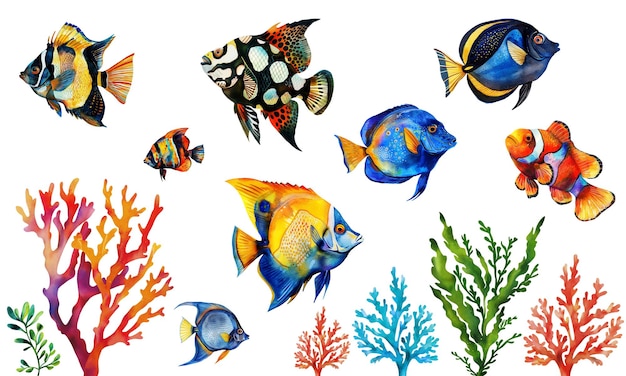 Aquarela Vida marinha Algas Colecção de peixes coloridos Conjunto de ilustrações aquareladas de peixes tropicais