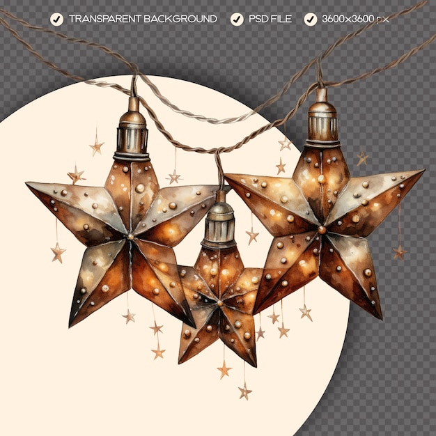 PSD aquarela vintage estrela de natal clipart de luzes para decoração de natal fundo transparente png