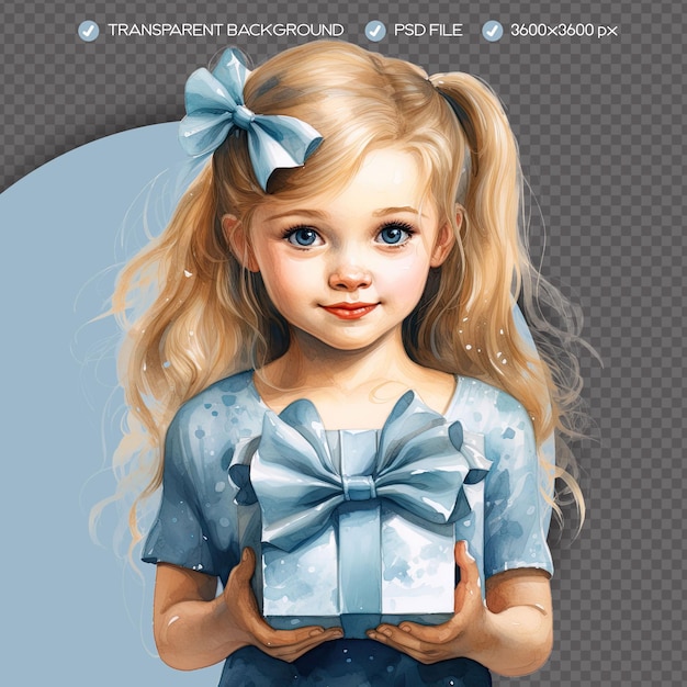 PSD aquarela vintage menina branca em azul tema segurando presente clipart