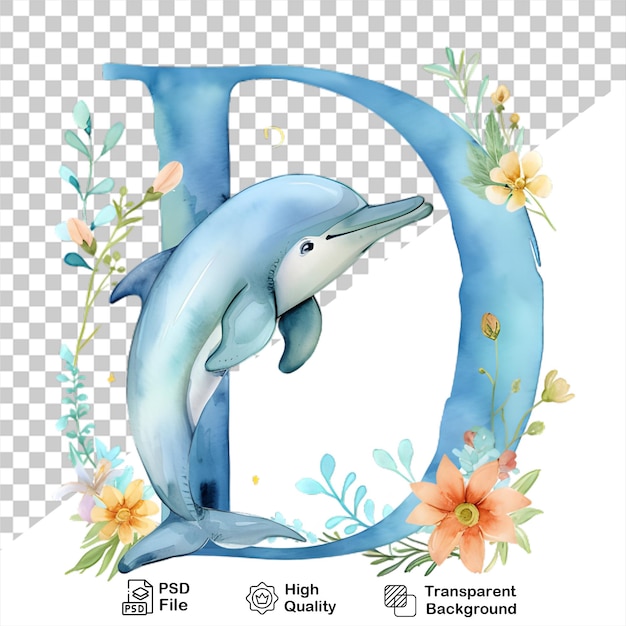 PSD aquarell alphabet buchstabe d delfin mit isolierten blüten auf durchsichtigem hintergrund