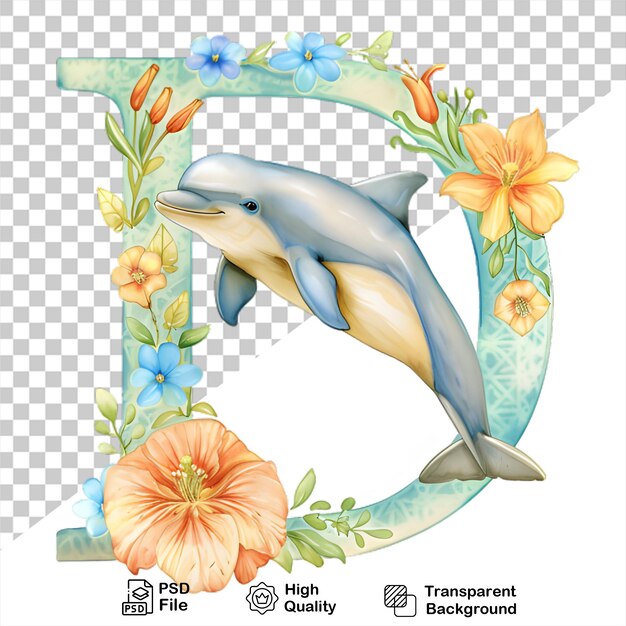 Aquarell alphabet buchstabe d delfin mit isolierten blüten auf durchsichtigem hintergrund