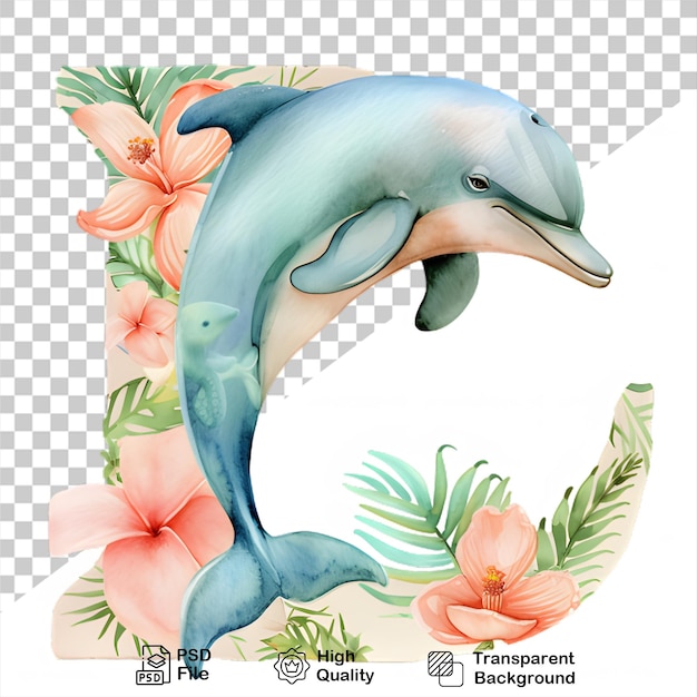 PSD aquarell alphabet buchstabe d delfin mit isolierten blüten auf durchsichtigem hintergrund
