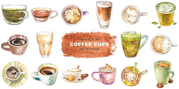 Aquarell bemalte Kaffeetassen Clipart Hand gezeichnet Elemente isoliert auf durchsichtigem Hintergrund