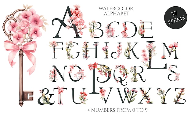 Aquarell-blumiges englisches Alphabet mit Wildblumen von A bis Z für Valentinstag oder Hochzeit