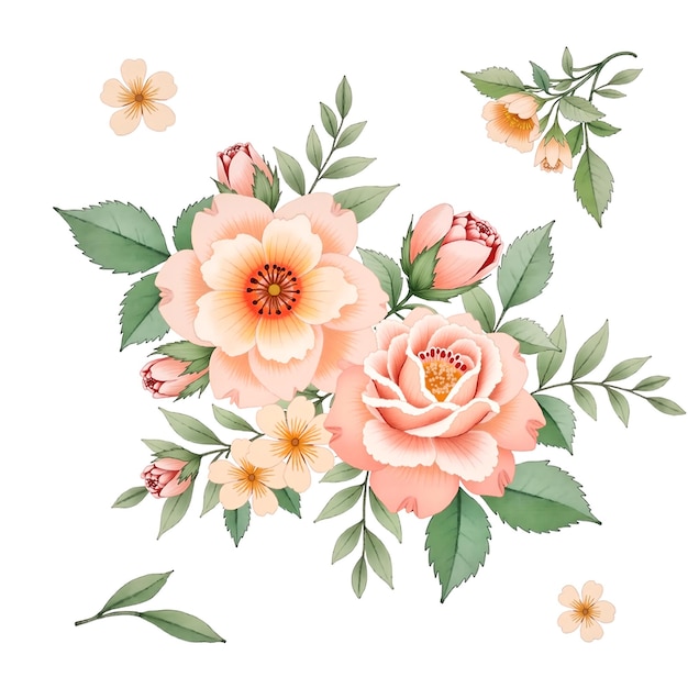 Aquarell Bouquet aus Pfirsichrosen und grünen Blättern