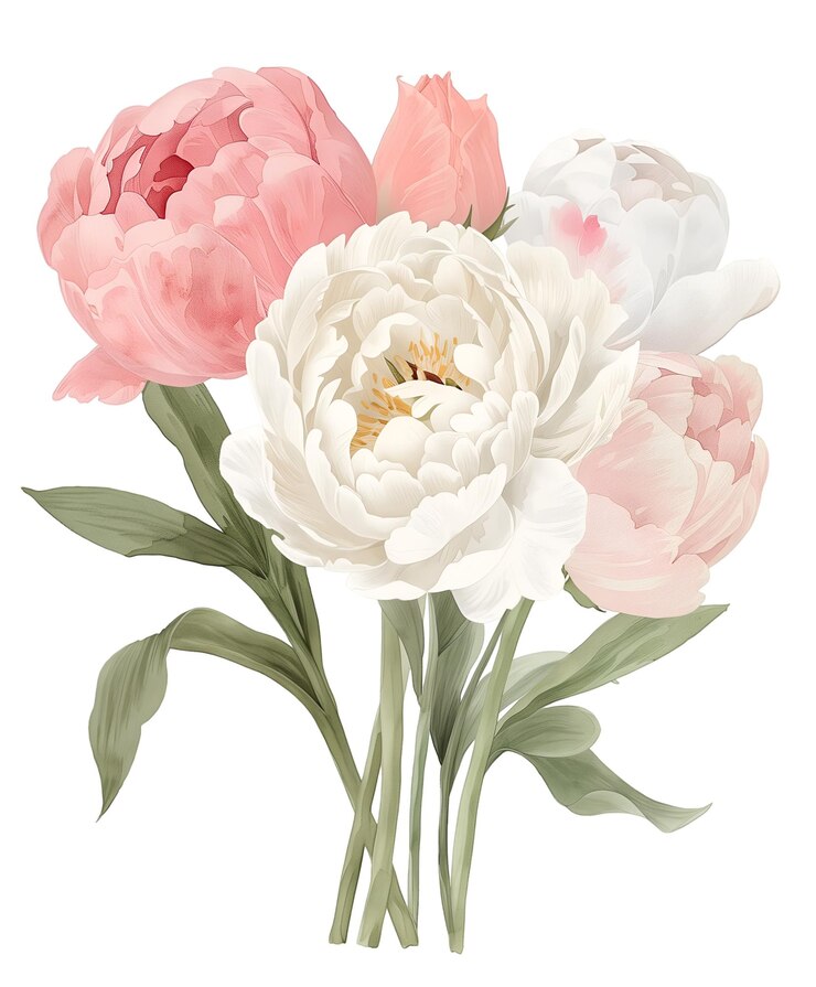 PSD aquarell bouquet aus rosa und weißen pfeunen mit grünen blättern im künstlerischen stil