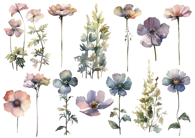 Aquarell gemalte blume handgezeichnete blumendesign-elemente isoliert auf weißem hintergrund