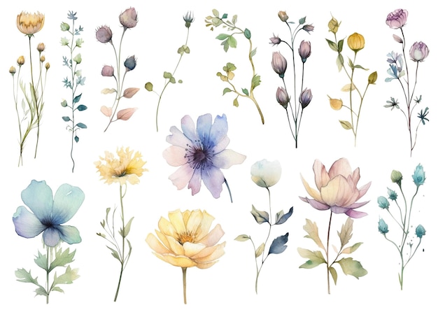 Aquarell gemalte blume handgezeichnete blumendesign-elemente isoliert auf weißem hintergrund