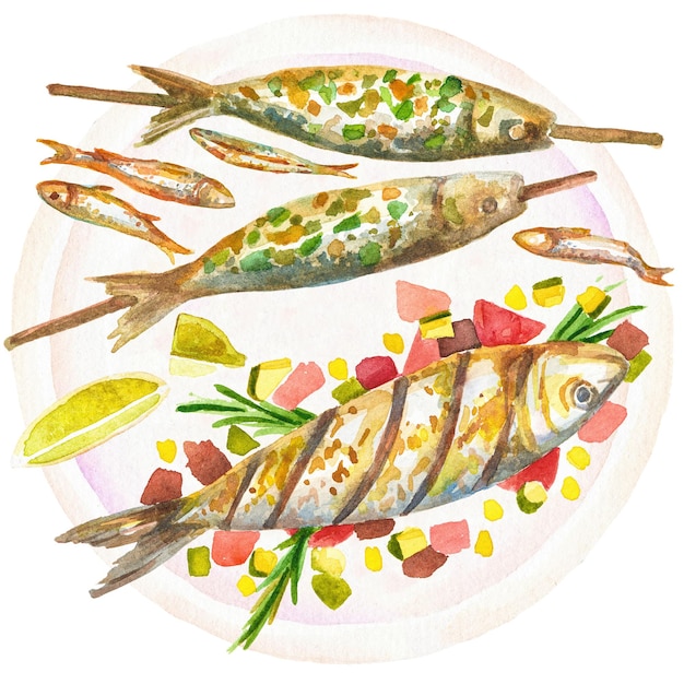 Aquarell gemalte gebackene Fische Hand gezeichnet frische Meeresfrüchte Elemente isoliert auf durchsichtigem Hintergrund