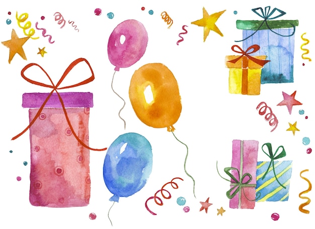 Aquarell gemalte Sammlung von Geschenkboxen Handgezeichnete Urlaubsgestaltungselemente isoliert auf weißem Hintergrund