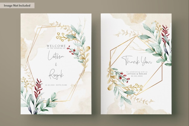 PSD aquarell hochzeit einladungskarte in grünen blättern und gold ornament