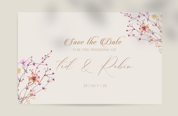Aquarell-Hochzeitseinladungskarte mit zarten Blumen
