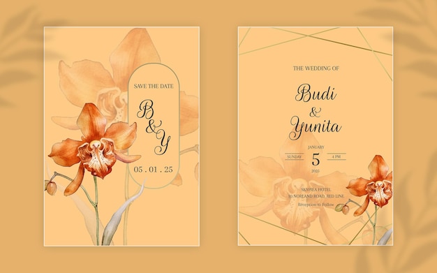 Aquarell-hochzeitseinladungskartenvorlage mit wunderschönen orchideenblüten
