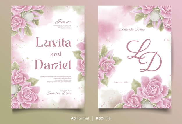Aquarell-Hochzeitseinladungsschablone mit rosa und grüner Blumenverzierung