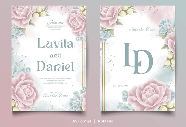 PSD aquarell-hochzeitseinladungsschablone mit rosa und grüner blumenverzierung