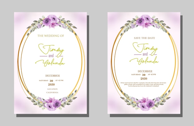 Aquarell-Hochzeitseinladungsvorlage mit lila gelbem Premium Psd