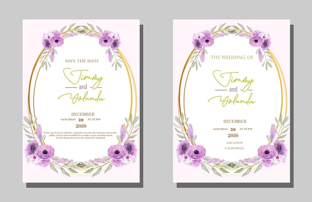 Aquarell-Hochzeitseinladungsvorlage mit lila gelbem Premium Psd