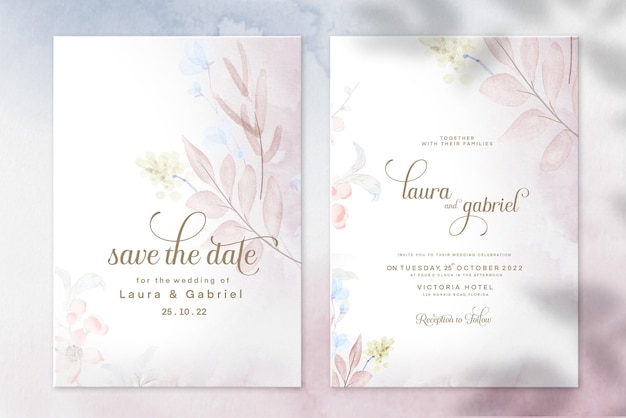 Aquarell Hochzeitseinladungsvorlage mit rosa Blättern