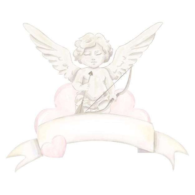 Aquarell Illustration Banner Band mit Cupid Antique Bogen Pfeil Pink Herzen Valentinstag