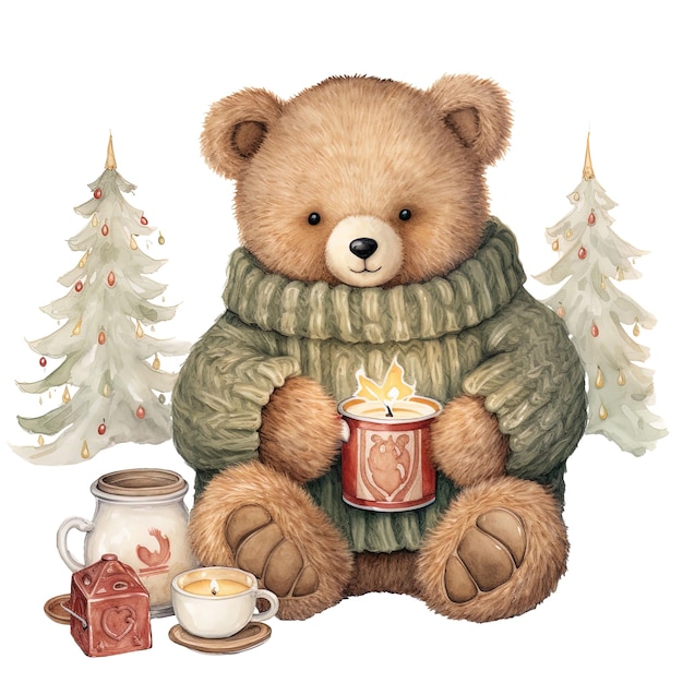 PSD aquarell-illustration eines teddybären in einem warmen gestrickten pullover