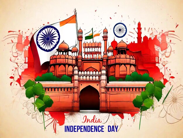 PSD aquarell indiens unabhängigkeitstag hintergrund mit roter festungsskizze
