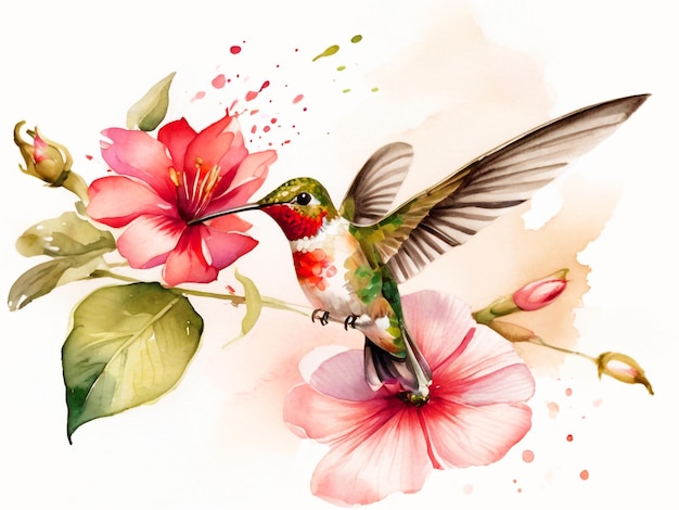 PSD aquarell kolibri fliegt auf der blume