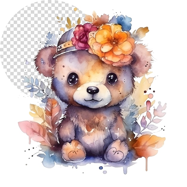 PSD aquarell schöne clipart-bär mit blumen auf durchsichtigem hintergrund