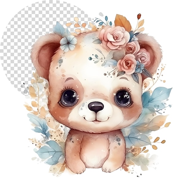 PSD aquarell schöne clipart-bär mit blumen auf durchsichtigem hintergrund