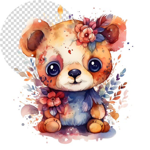 PSD aquarell schöne clipart-bär mit blumen auf durchsichtigem hintergrund