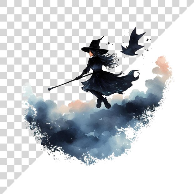 Aquarell schöne clipart halloween hexe fliegt auf besen auf durchsichtigem hintergrund