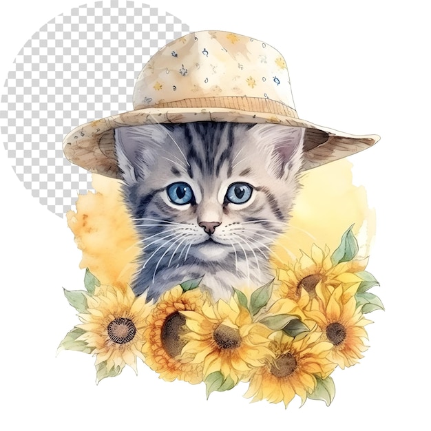 PSD aquarell schöne clipart-katze mit sonnenblumen-hut auf durchsichtigem hintergrund