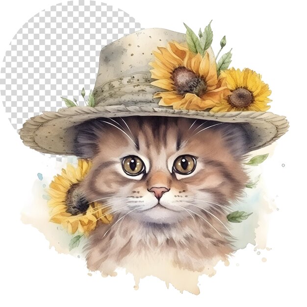 PSD aquarell schöne clipart-katze mit sonnenblumen-hut auf durchsichtigem hintergrund