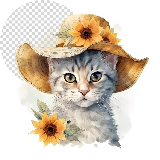 PSD aquarell schöne clipart-katze mit sonnenblumen-hut auf durchsichtigem hintergrund