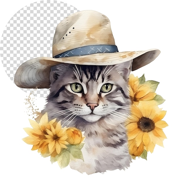 PSD aquarell schöne clipart-katze mit sonnenblumen-hut auf durchsichtigem hintergrund