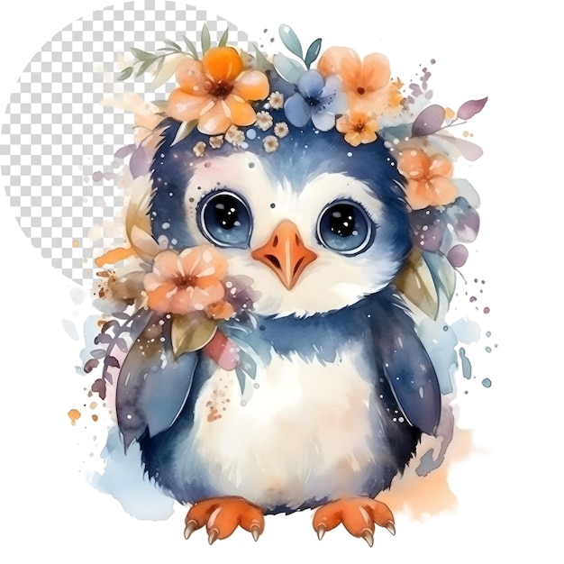 PSD aquarell schöne clipart-pinguin mit blumen auf durchsichtigem hintergrund