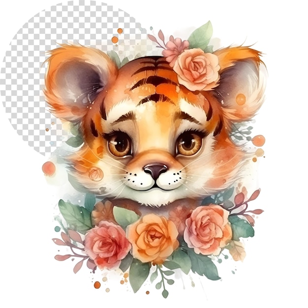 Aquarell schöne clipart-tiger mit blumen auf durchsichtigem hintergrund